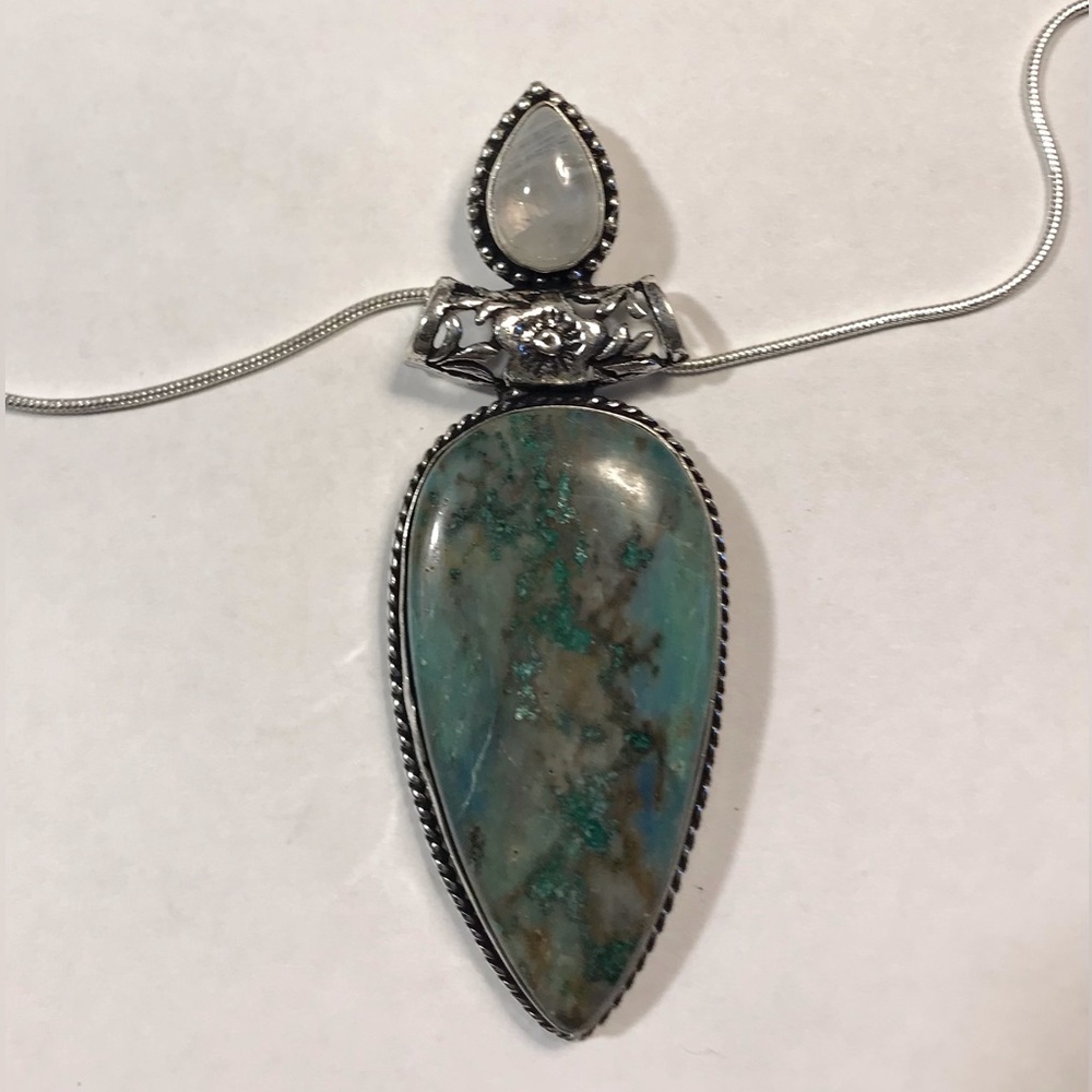 Moonstone Chrysocolla Stamped 925 Sterling Silver Necklace